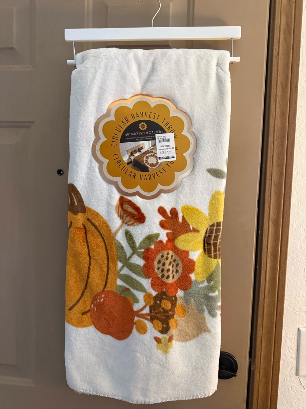 Terry Decorative Fall Throw - White with Orange & Yellow Floral, and Pumpkins.